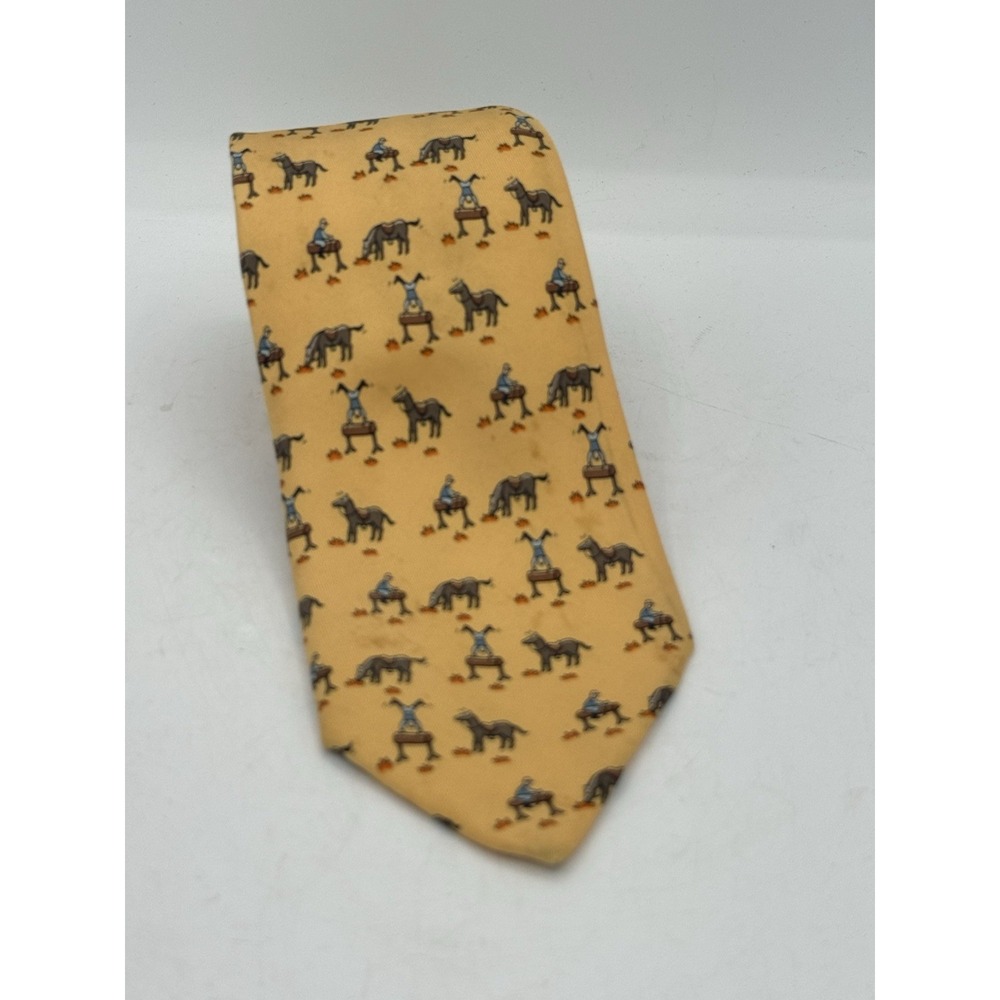 Auth HERMES Paris Silk Tie Yellow Circus Acrobat Horse 7861 UA AS IS Craft Stain